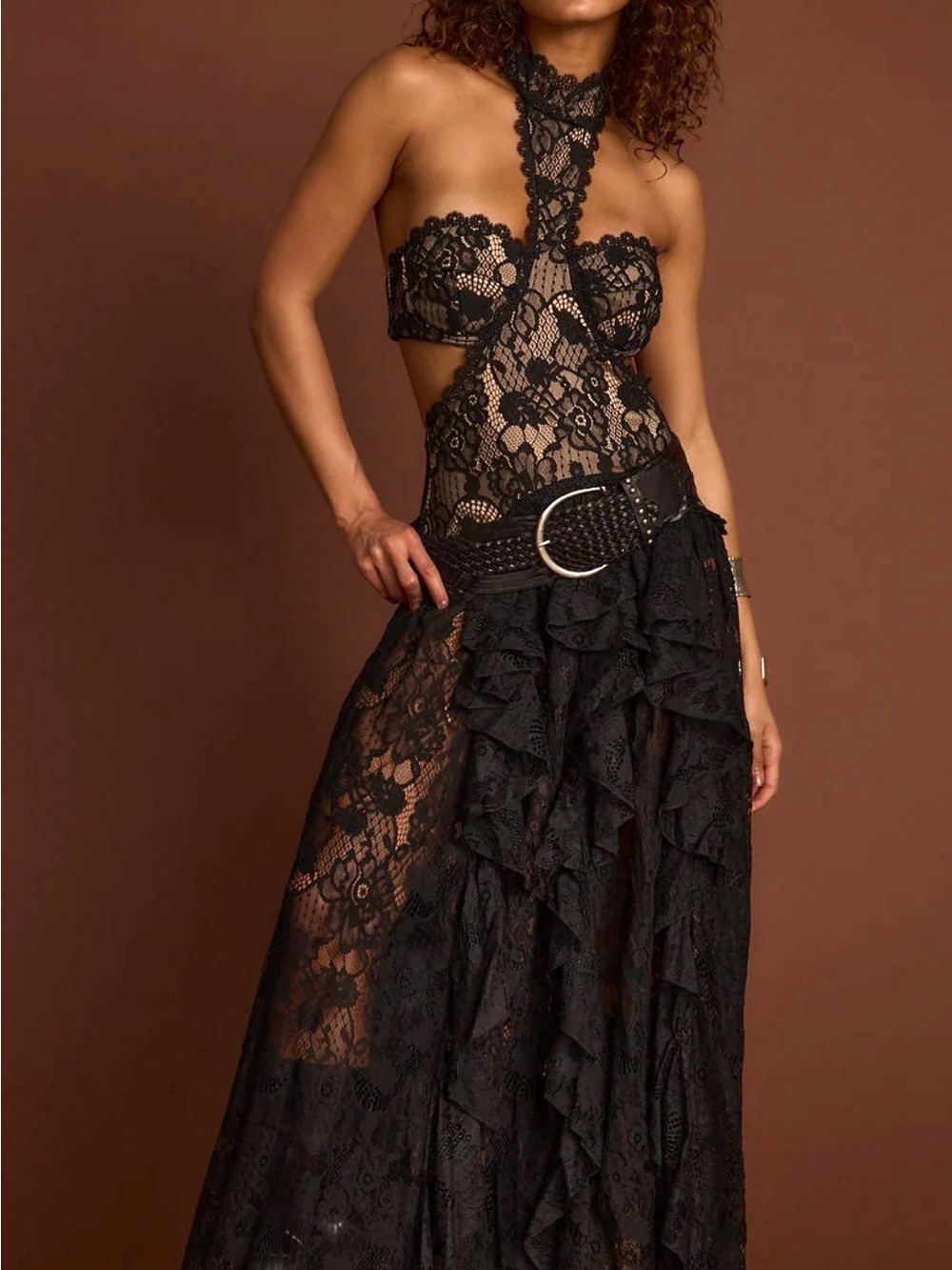 Princess Black Lace Drop Waist Halter Cutout Maxi Dress-12th Tribe, NWT Sz M